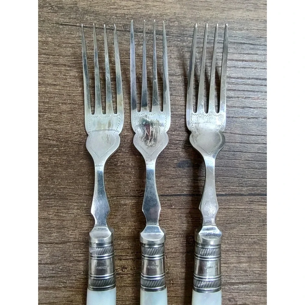 Antique Mother of Pearl Serving Forks Set of 3 Sterling Ferrules EPNS Victorian